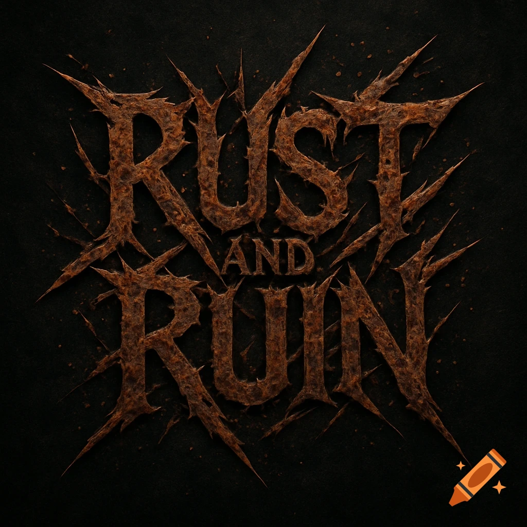 A metal band logo featuring the words RUST AND RUIN in a rusty, spiky, gothic font against a dark background.