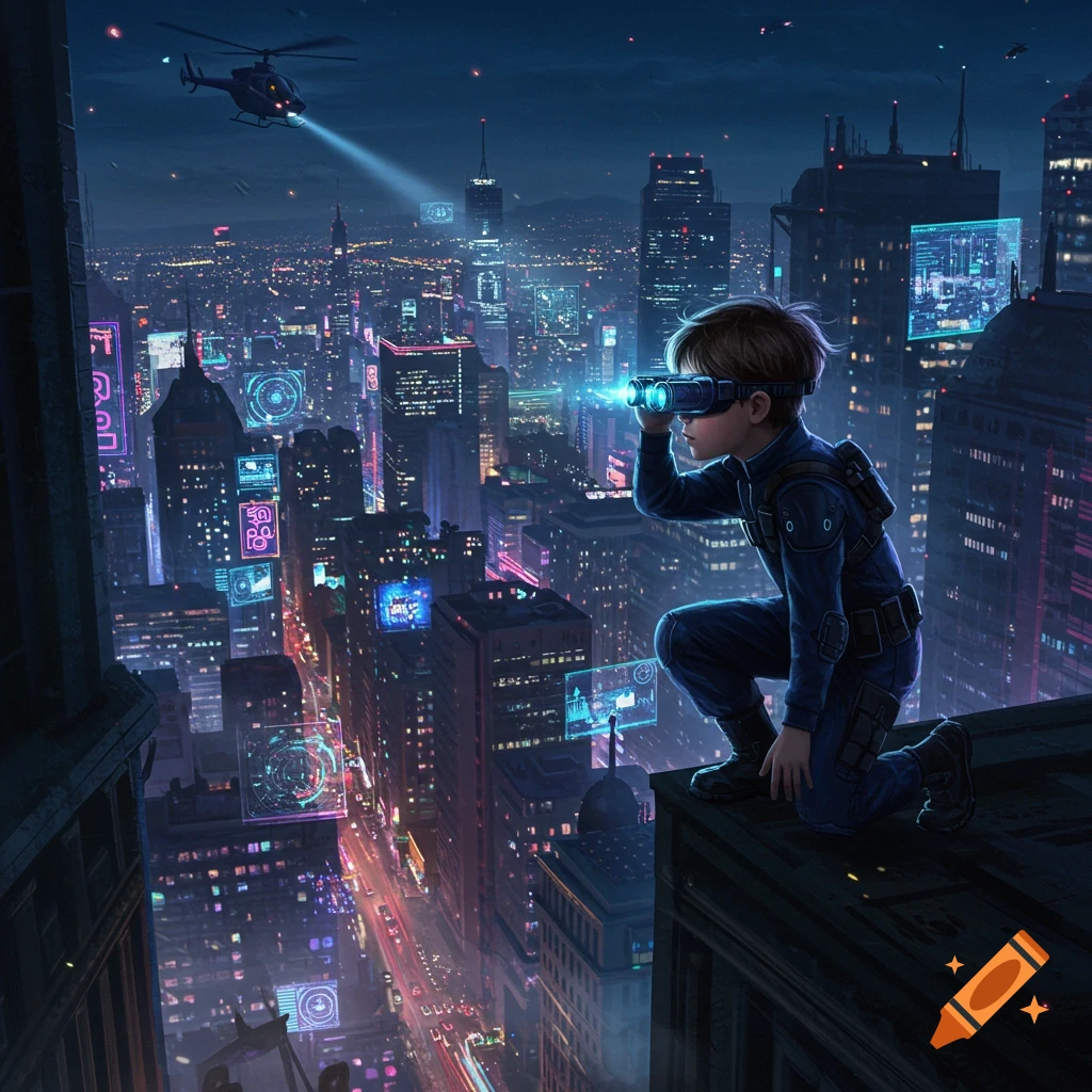 A young child in a dark suit with futuristic binoculars crouches on a skyscraper rooftop, looking out over a neon-lit cyberpunk city at night with a helicopter flying overhead.