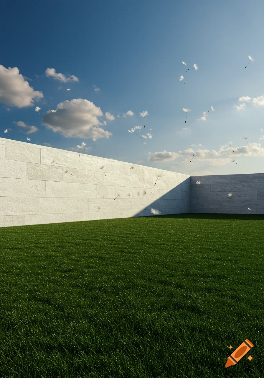 Photorealistic landscape with white walls, green grass, blue sky, and floating dandelion seeds.