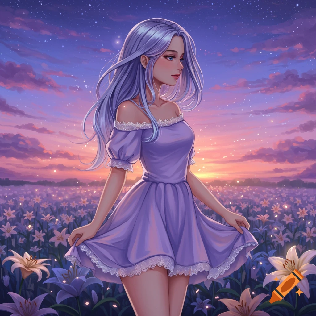 Anime girl with lavender hair in a purple dress standing in a field of glowing flowers at sunset.