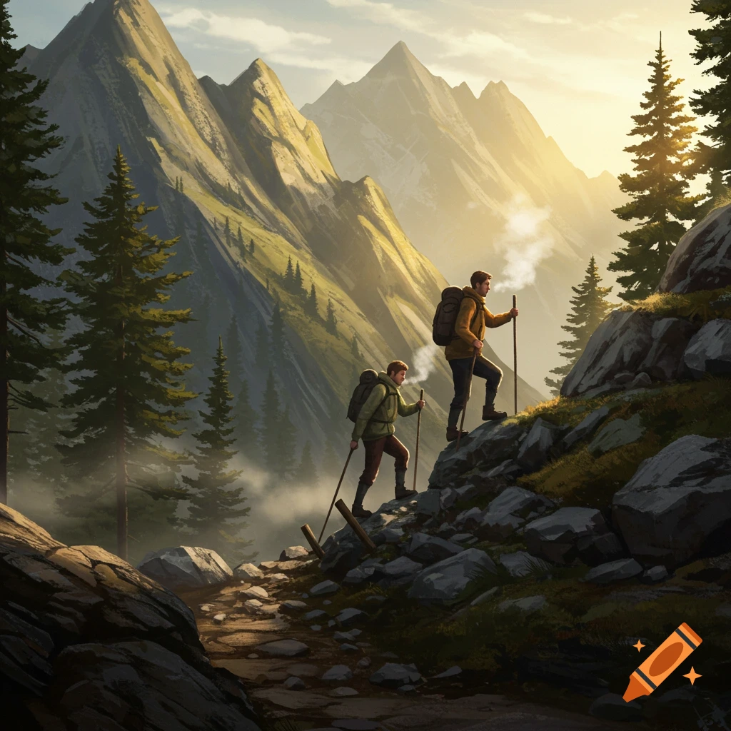Two hikers ascend a rocky mountain path at sunset, with tall pine trees and majestic peaks in the background, in an illustrative style.