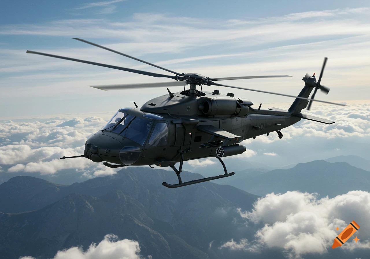 A realistic military helicopter flying above clouds and mountains.