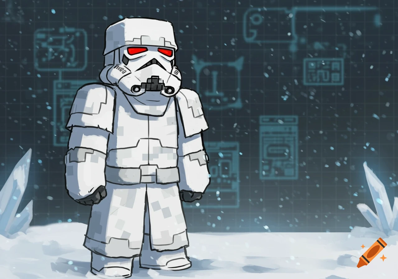 A white-armored, blocky snowtrooper-like character with red eyes in a snowy landscape, sketched cartoon style.