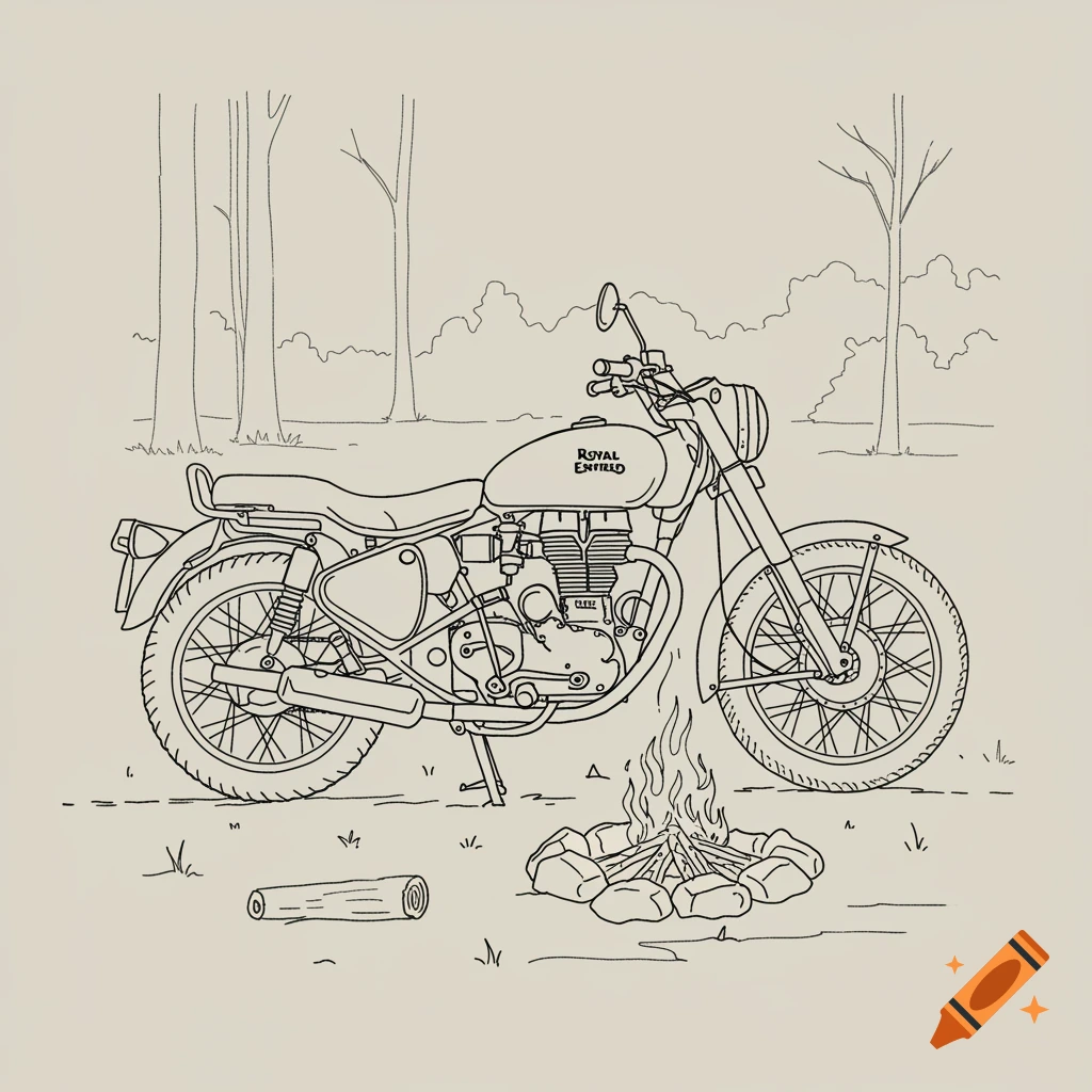 Line drawing of a Royal Enfield motorcycle parked next to a campfire in a forest.