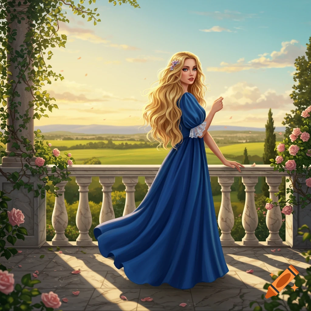A blonde woman in a flowing blue dress stands on a stone balcony adorned with roses and vines, overlooking a green landscape at sunset.