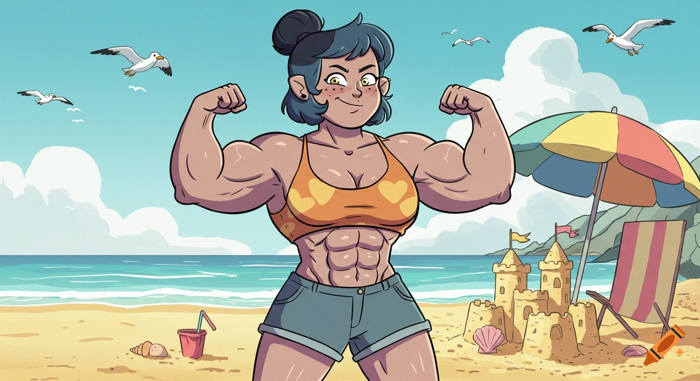 A muscular cartoon woman with blue hair flexing her biceps at a sunny beach with a sandcastle and seagulls.
