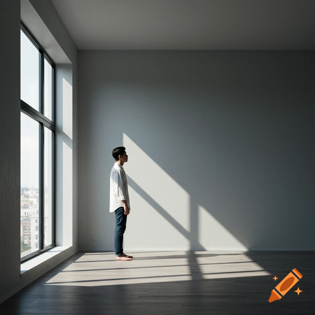 A man stands barefoot, looking right, in a sunlit minimalist room with a large window overlooking a city.