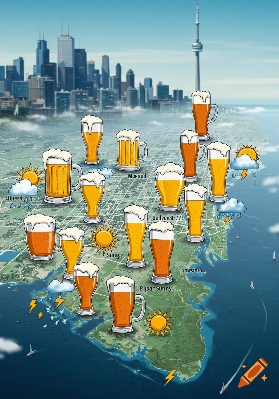 An illustrated weather map of Toronto, Canada, featuring cartoon-style beer glasses placed across the city landscape, with a clear sky and the CN Tower in the background.