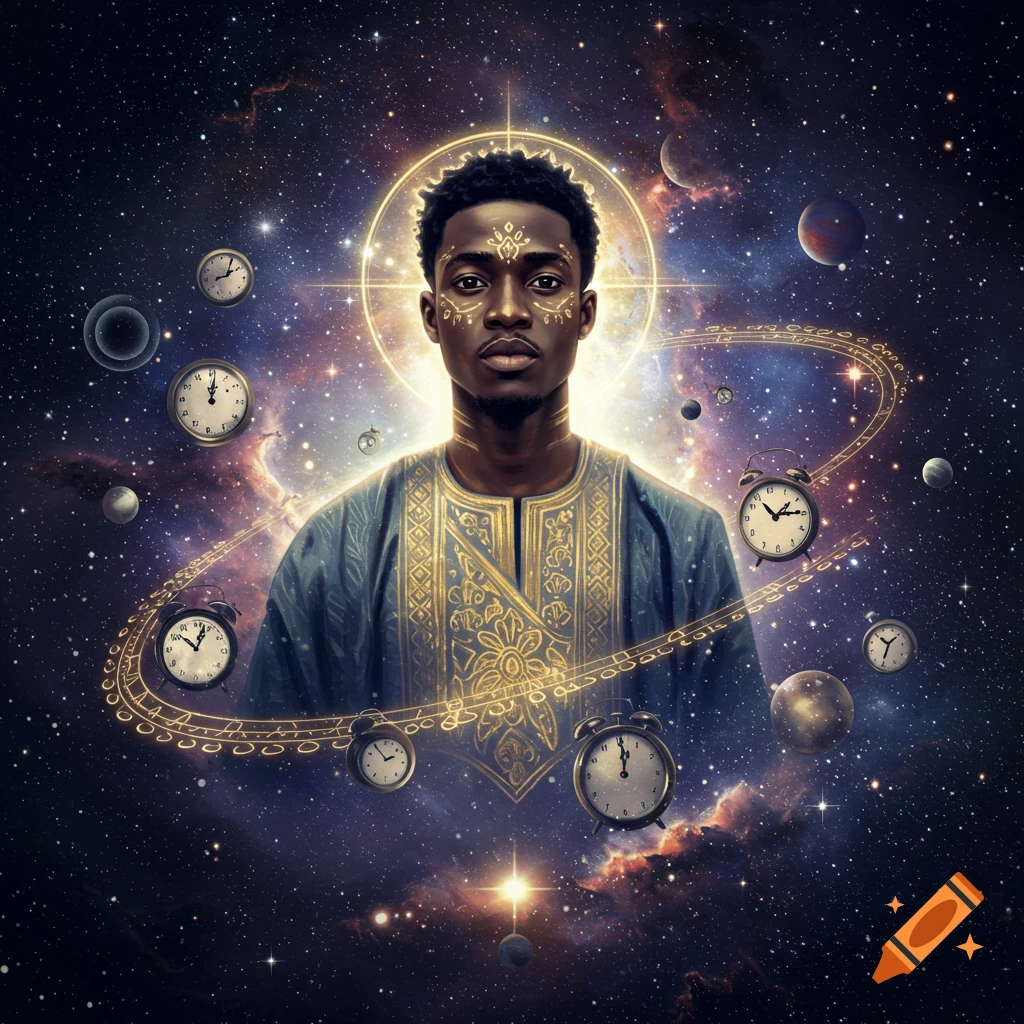 A young man with glowing patterns on his face, surrounded by a starry galaxy, planets, and floating alarm clocks.