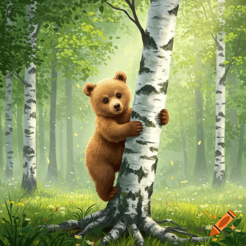 A cute baby bear clings to a birch tree in a sun-dappled forest.