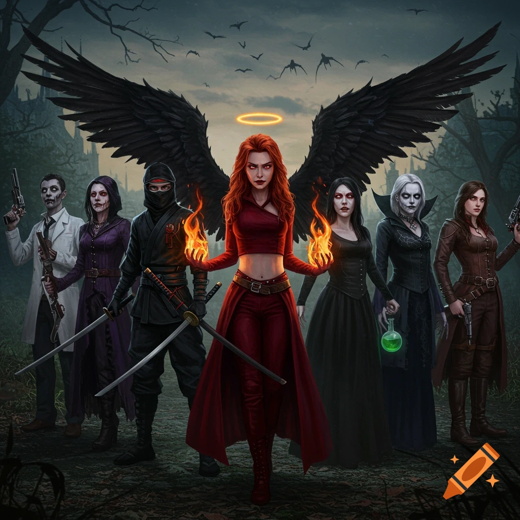 A group of fantasy characters including a red-haired woman with black wings and fire, a ninja, a gothic woman, a vampire, and a mad scientist in a dark, stylized forest setting.