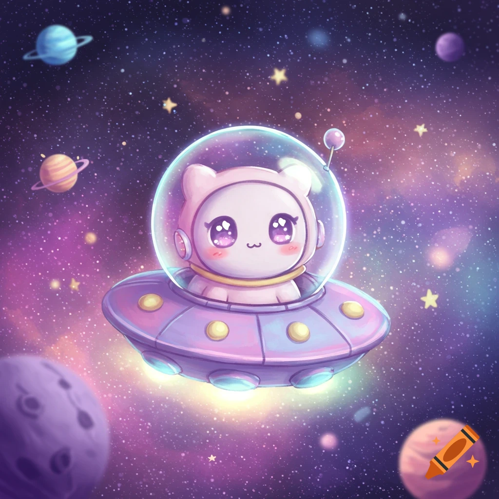 A cute pink cat-like alien in a clear helmet inside a purple UFO spaceship floats through a vibrant, starry galaxy with planets.