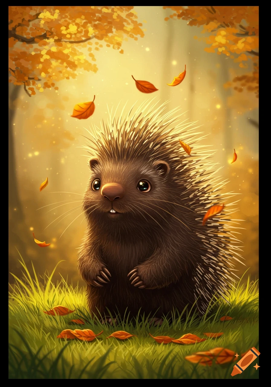 A cute brown porcupine stands in green grass with orange autumn leaves falling around it in a sunlit forest.