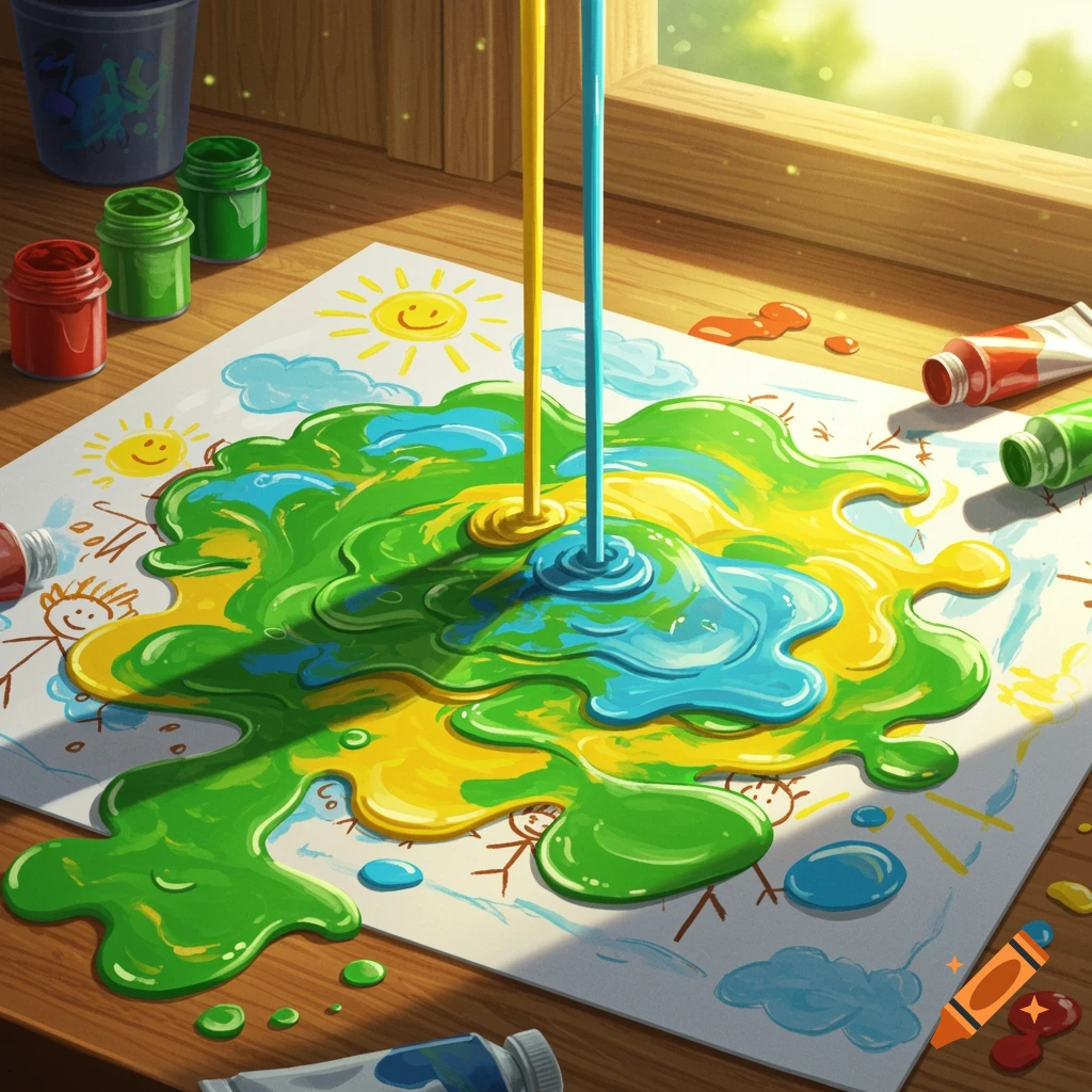 Bright green, yellow, and blue paint spills over a child's stick-figure drawing on a wooden surface.
