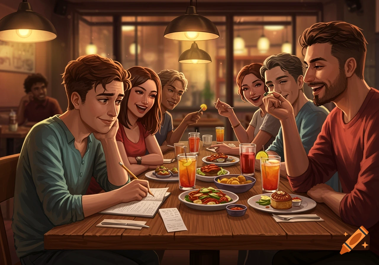 Friends gathered around a table at a restaurant, some eating and drinking, while one person writes in a notebook.