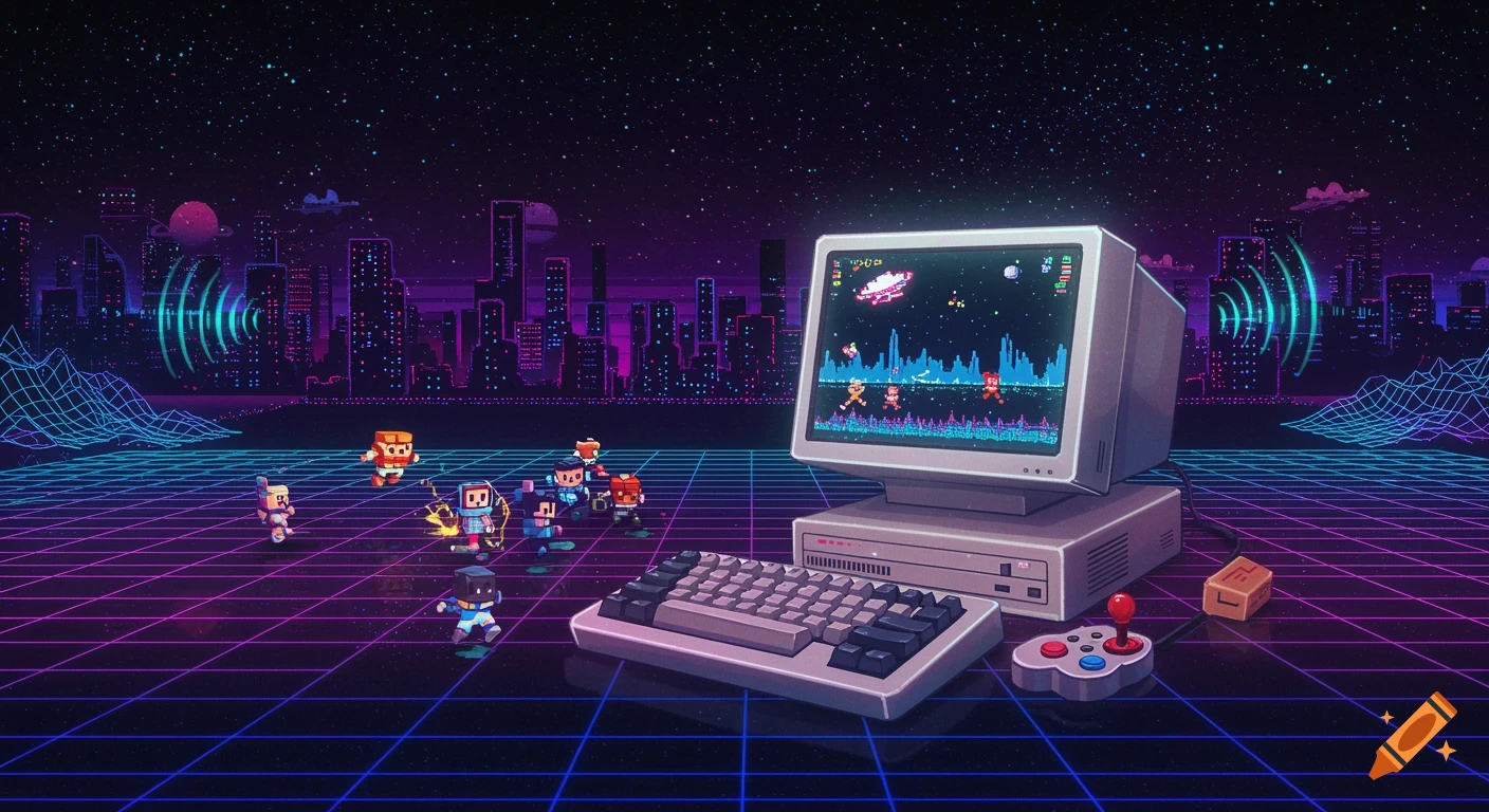 A vibrant pixel art scene with a retro computer, keyboard, and joystick on a neon grid, featuring pixel characters and a city skyline in the background.