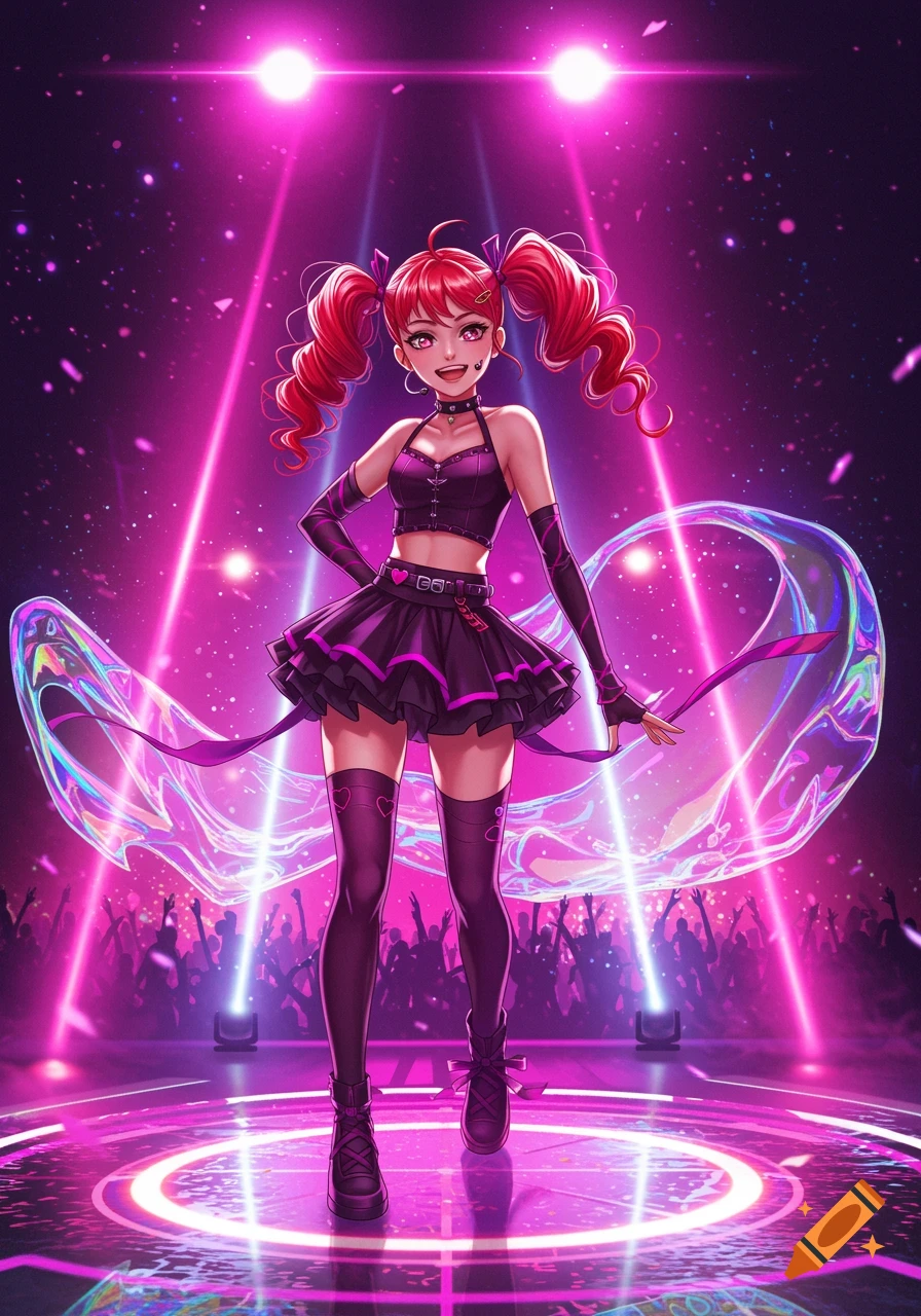 Anime-style female character with red pigtails in a dark purple outfit performs on a vibrant pink and purple concert stage with a cheering crowd.
