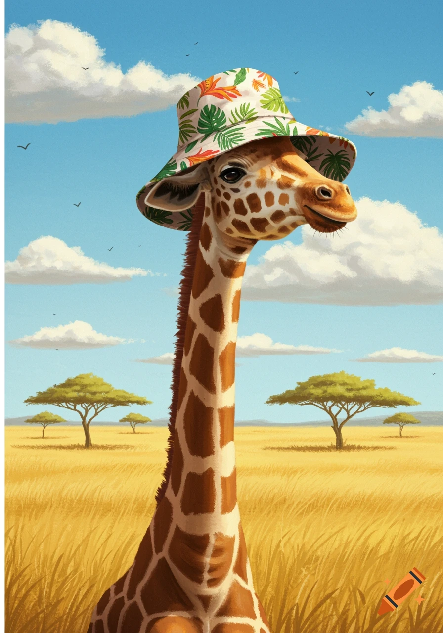 A giraffe wearing a tropical-patterned bucket hat stands in a golden savanna under a blue sky with clouds.