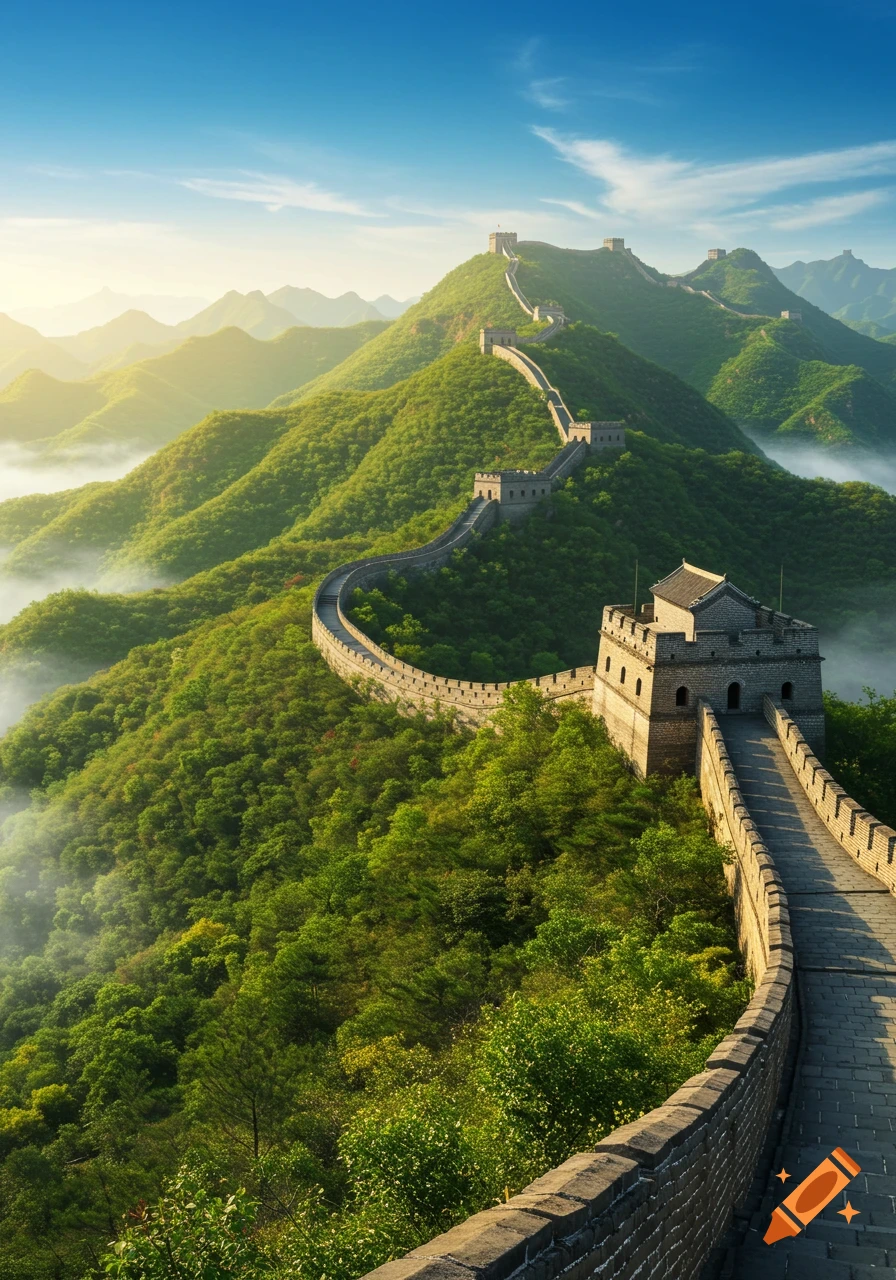 The Great Wall of China winding over lush green mountains with mist in the valleys under a clear sky.