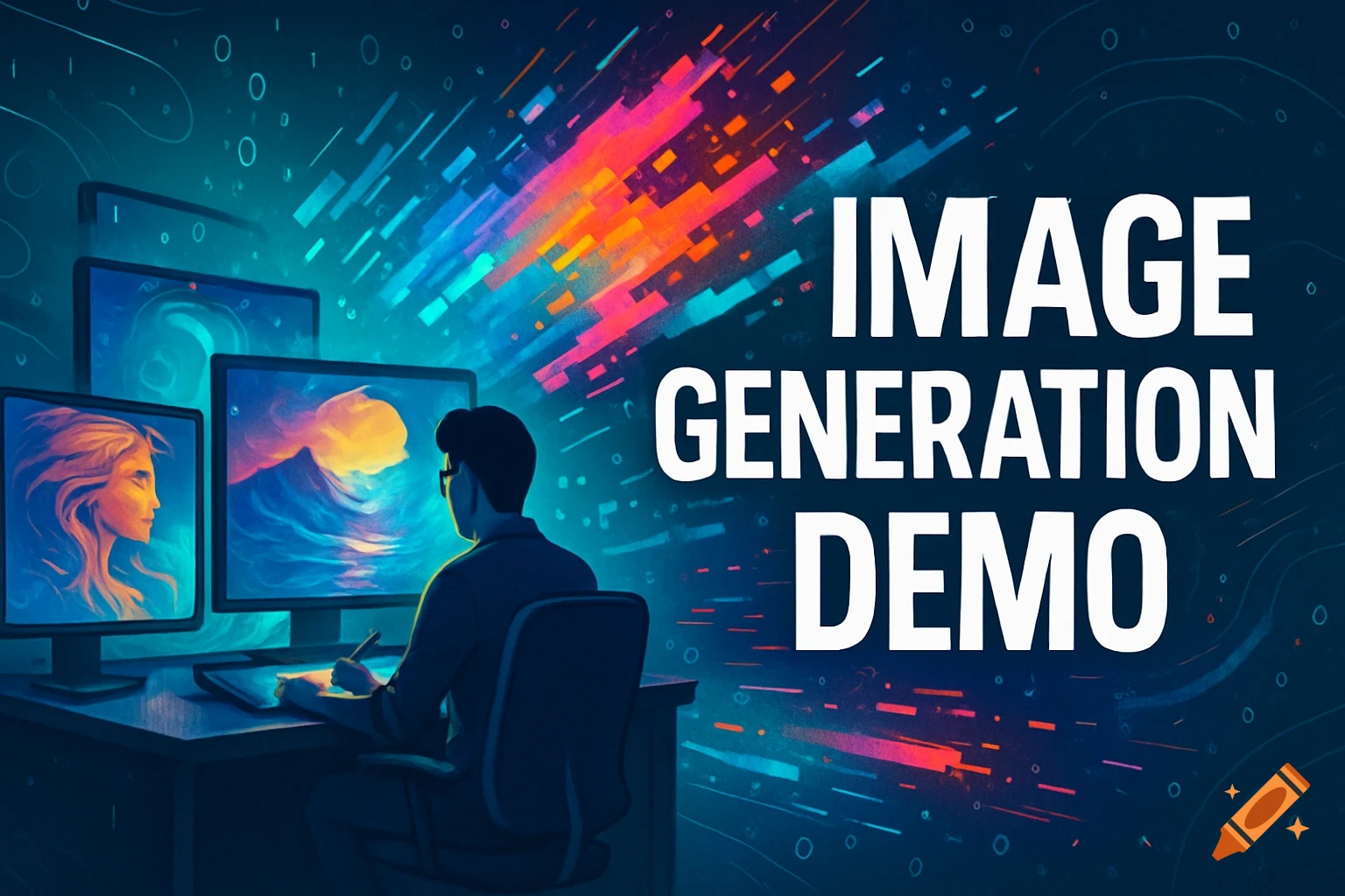 Digital illustration of a man at a desk with screens showing art, next to large text 'IMAGE GENERATION DEMO'.