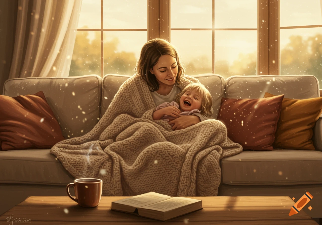 Mother and child laughing and cuddling under a blanket on a couch, bathed in warm sunlight from a window.