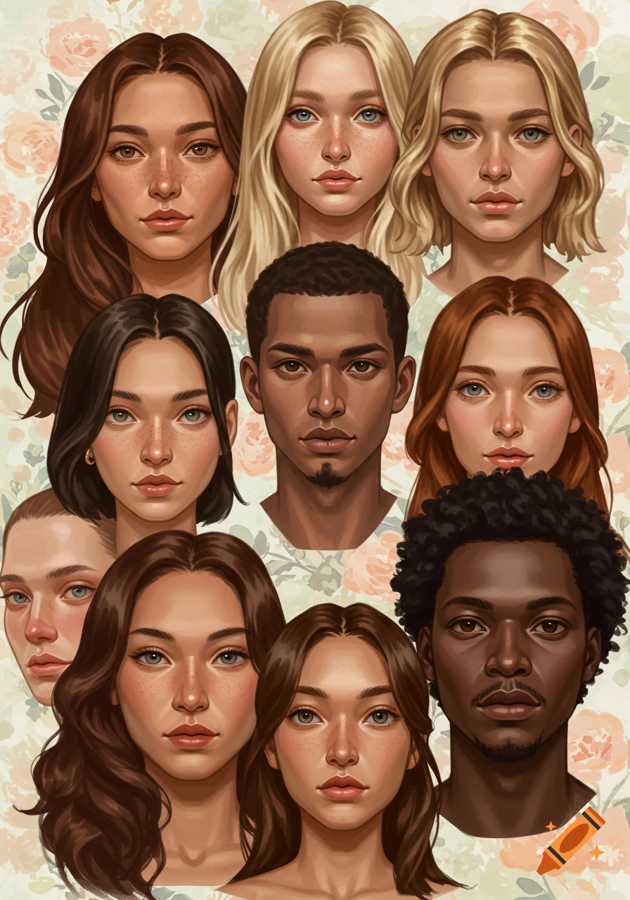 A collage of diverse male and female faces with varying skin and hair colors, rendered in a stylized illustration with a floral background.