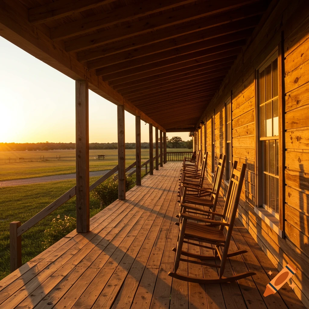 A long wooden porch with rocking chairs, bathed in the warm light of a sunset over a sprawling field.