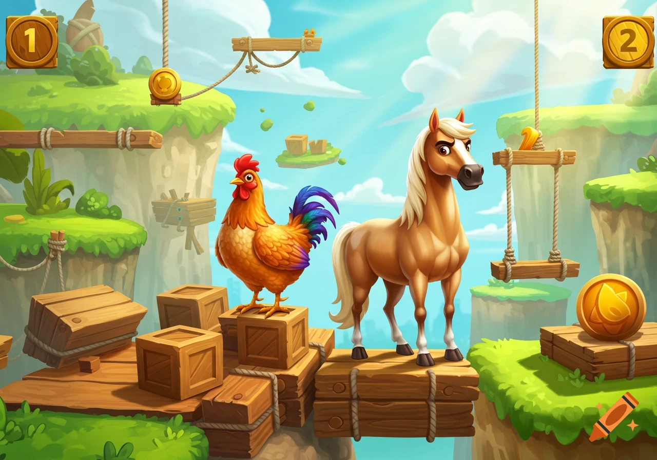 A cartoon rooster and a horse stand on wooden platforms in a vibrant, floating world, reminiscent of a video game.