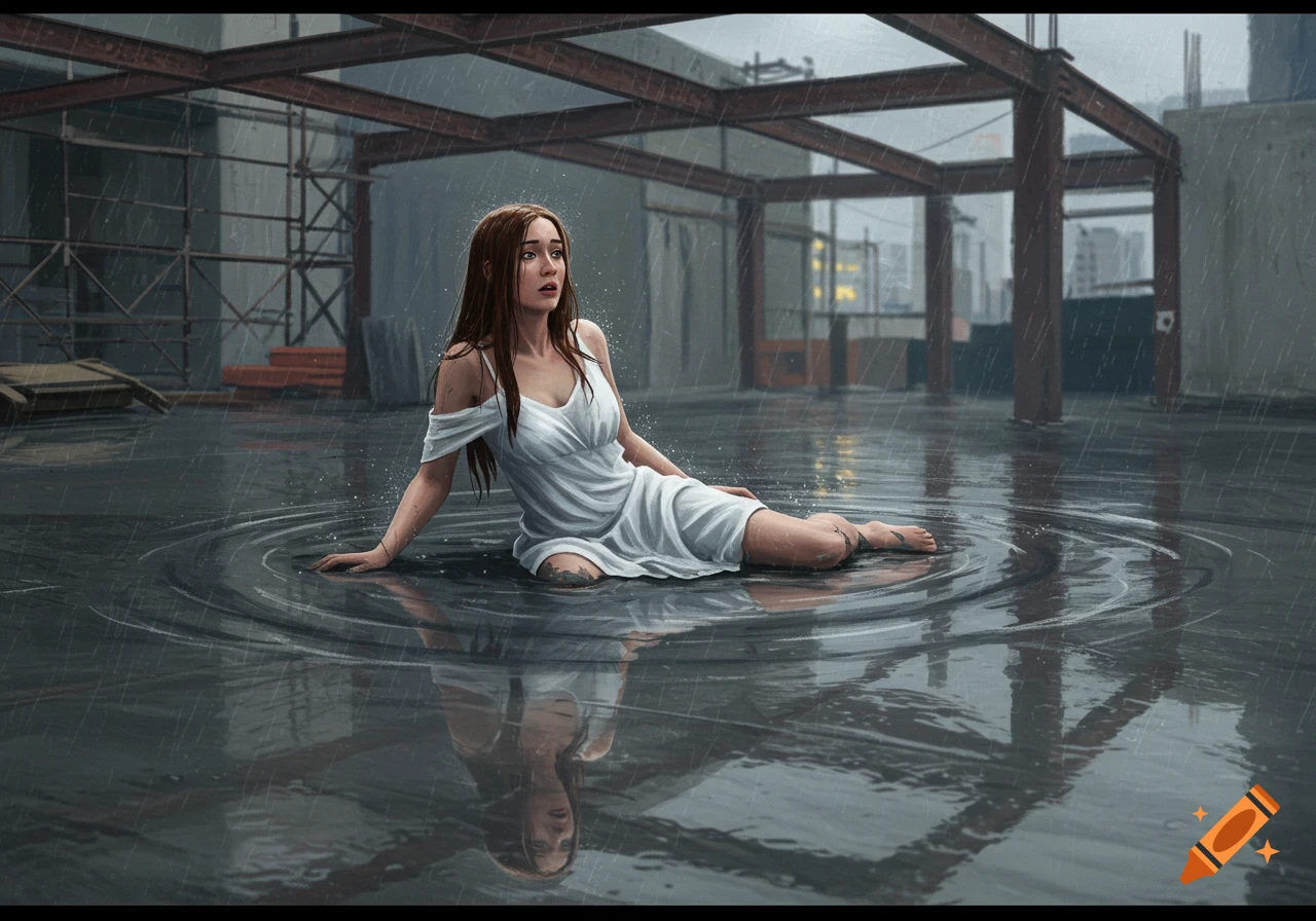Woman in a white dress sitting in a large puddle on a concrete rooftop during rain, looking distressed. Photorealistic style.