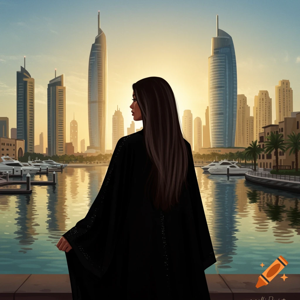 Illustrative depiction of a woman with long dark hair in a black abaya, seen from behind, looking out at a modern city skyline with skyscrapers and a waterfront with yachts at sunset.