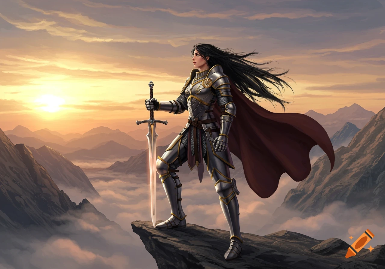 A female knight in shining armor stands atop a mountain cliff at sunset, holding a large sword.