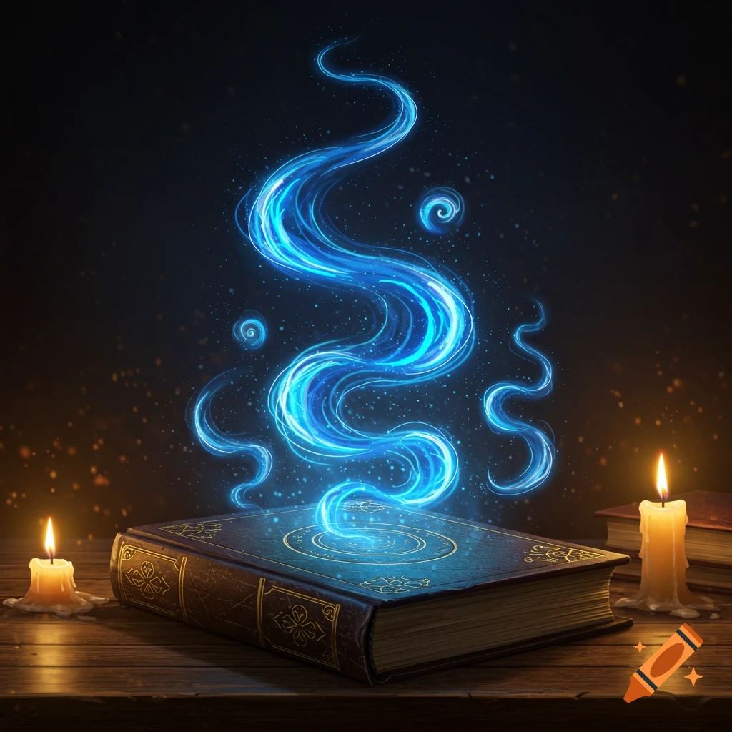 A magical spell book on a wooden table emits glowing blue energy swirls into the dark, illuminated by lit candles.