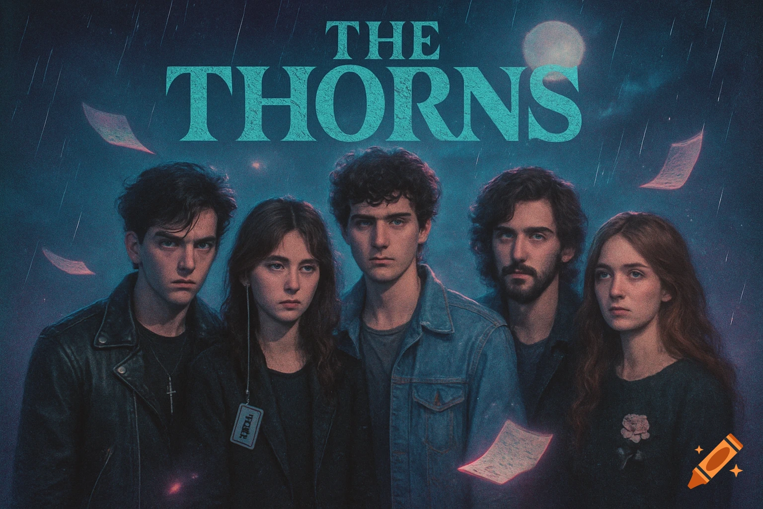 A retro-inspired rock band cover featuring five young people in leather and denim under a moonlit, rainy sky, with the band name "THE THORNS" at the top.