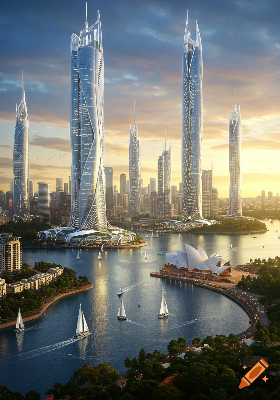 A futuristic Sydney Harbour with numerous towering, modern skyscrapers alongside the iconic Opera House and sailboats on the water at sunset.
