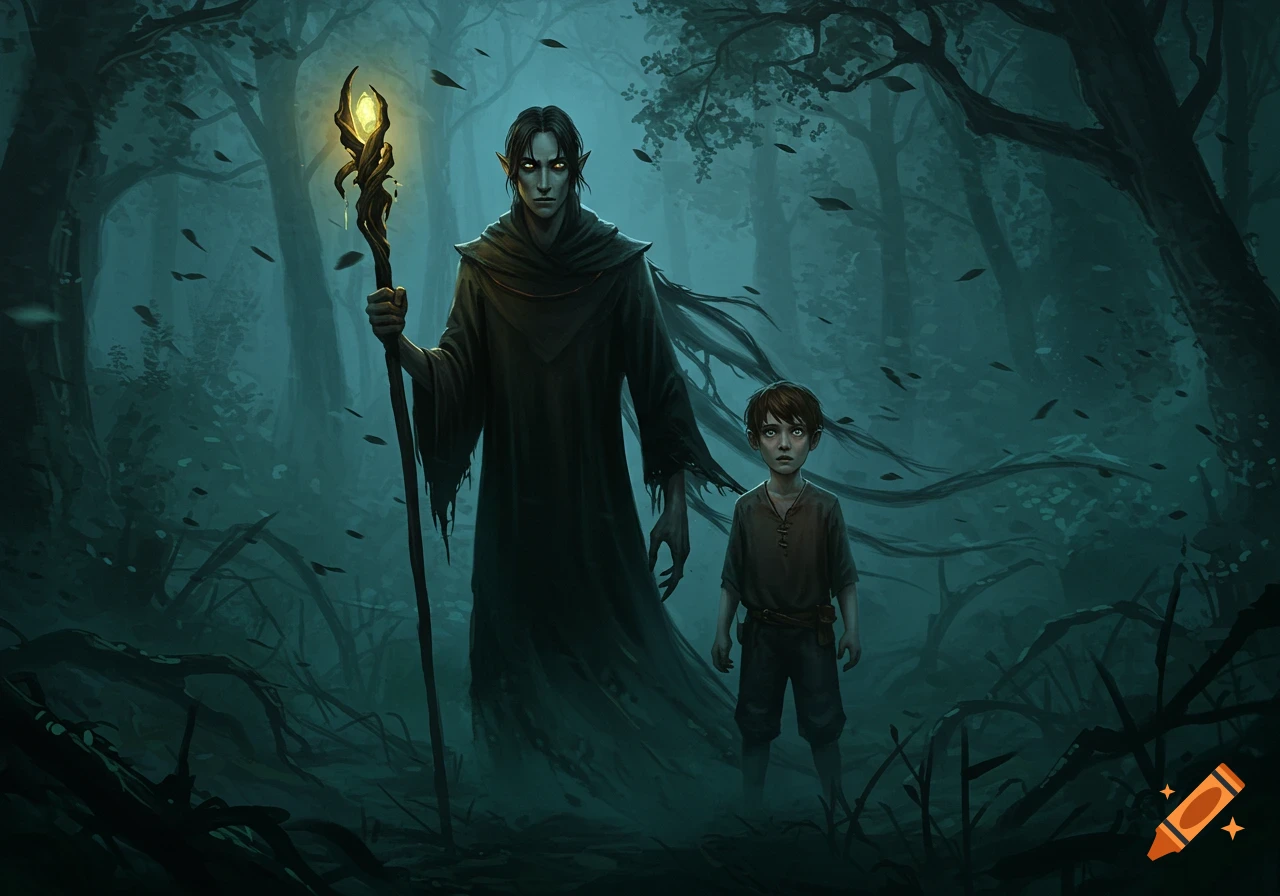 A tall, cloaked figure with glowing eyes and a staff stands with a scared boy in a dark, misty forest. Dark fantasy art.