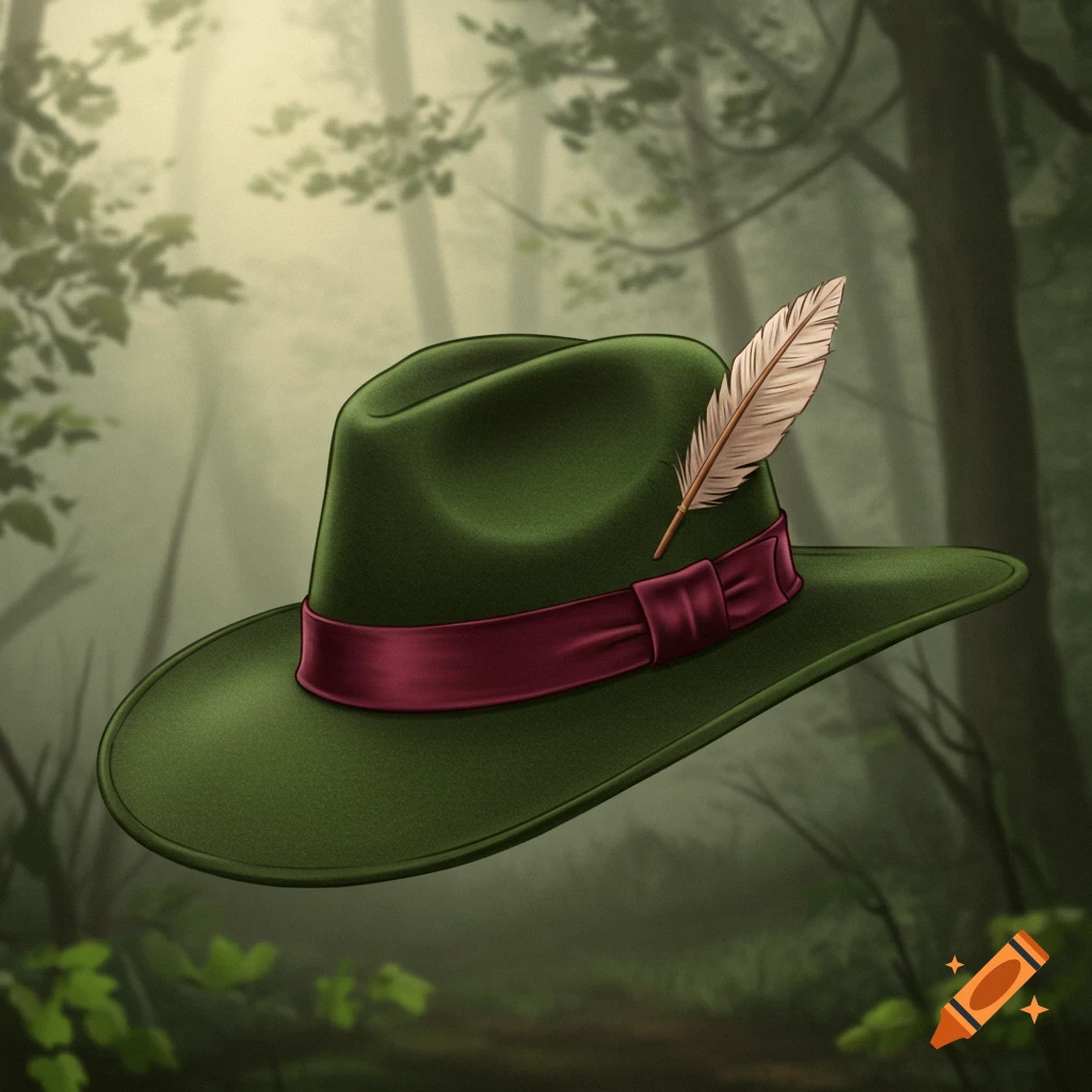 A green hat with a dark red band and a white feather, set against a blurred forest background.
