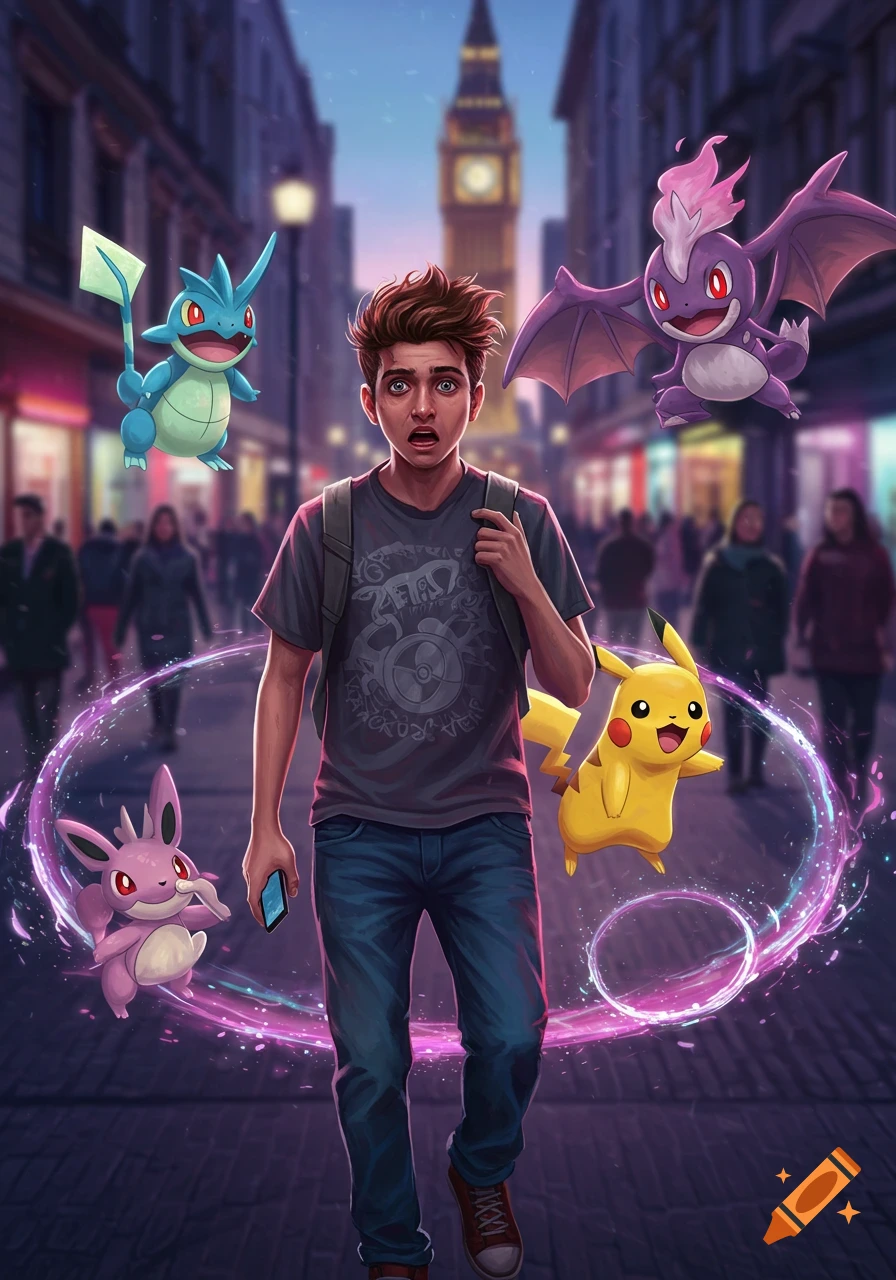 A young man with wide eyes and messy hair walks down a street in London, surrounded by glowing Pok émon, holding a smartphone. Illustration style.
