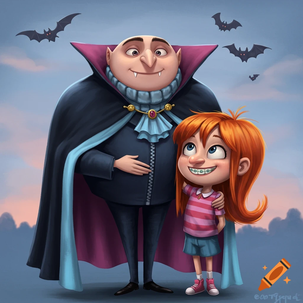 Cartoon illustration of a bald man dressed as a vampire with a cape and a red-haired girl with braces, with bats in the sky.