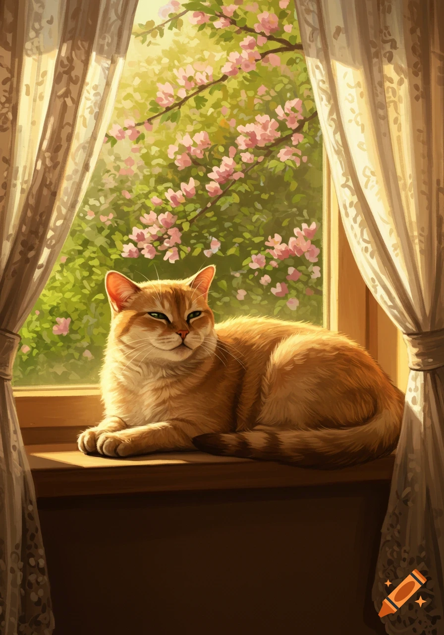 An orange tabby cat rests on a sunlit windowsill, looking out at blooming pink trees through lace curtains in a painterly style.