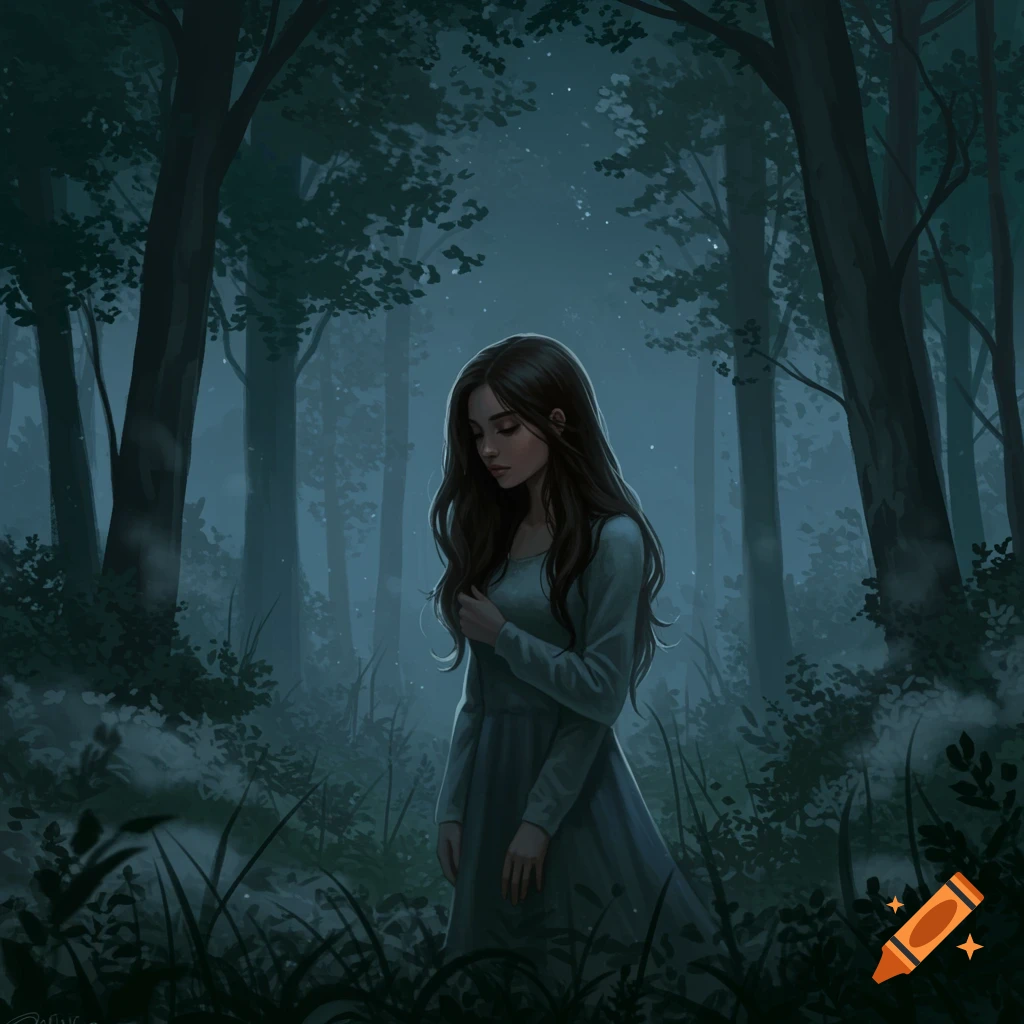 A dark-haired girl in a light dress stands alone in a moonlit, misty forest, looking down.