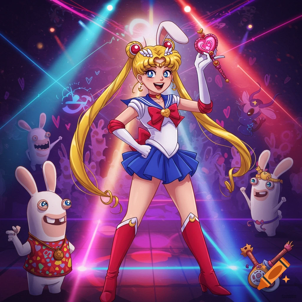 Sailor Moon in her signature outfit and bunny ears, posing with Raving Rabbids in a vibrant disco scene with colorful laser lights.