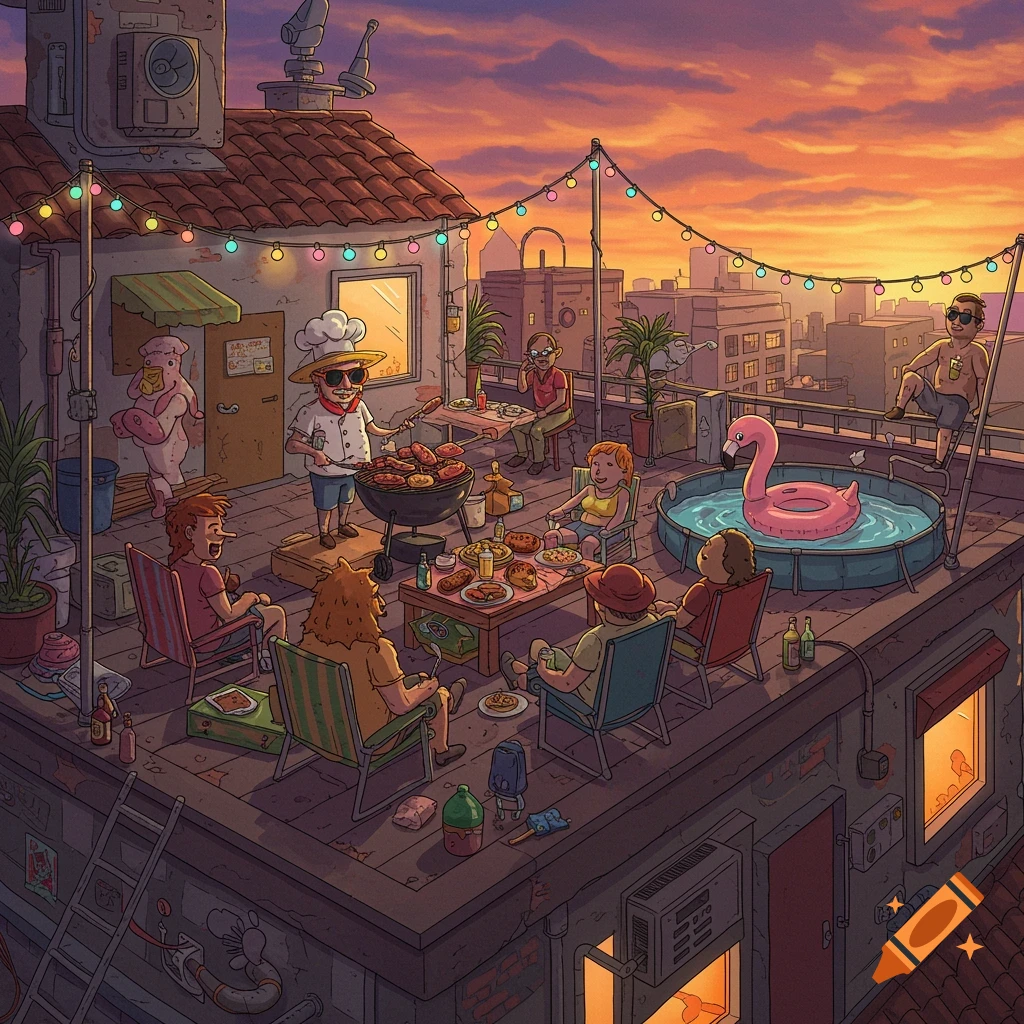 A cartoon illustration of a rooftop BBQ party at sunset with people grilling, eating, and relaxing by a small pool.