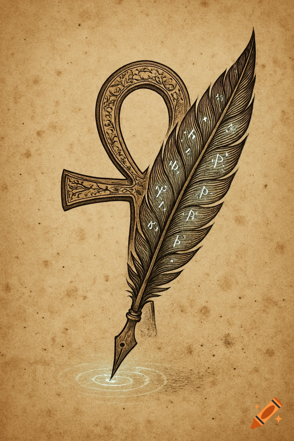 An ankh symbol shaped like a quill pen with glowing runes, drawing circles on old parchment.