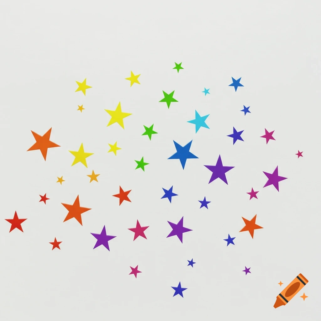 Multiple colorful stars in rainbow hues scattered on a white background.