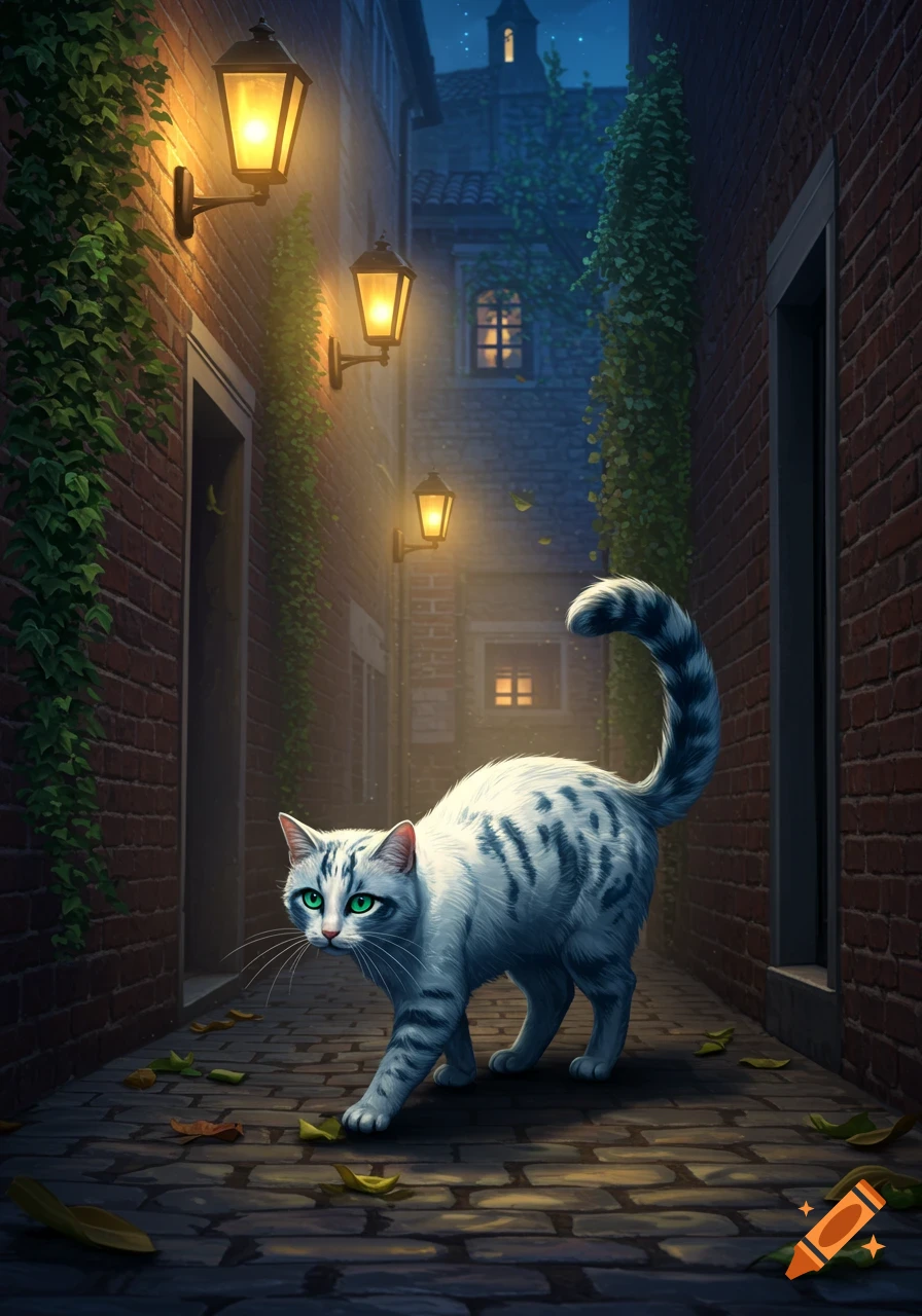 A white and grey striped cat with green eyes walks down a cobblestone alley at night, lit by glowing lanterns on brick walls.