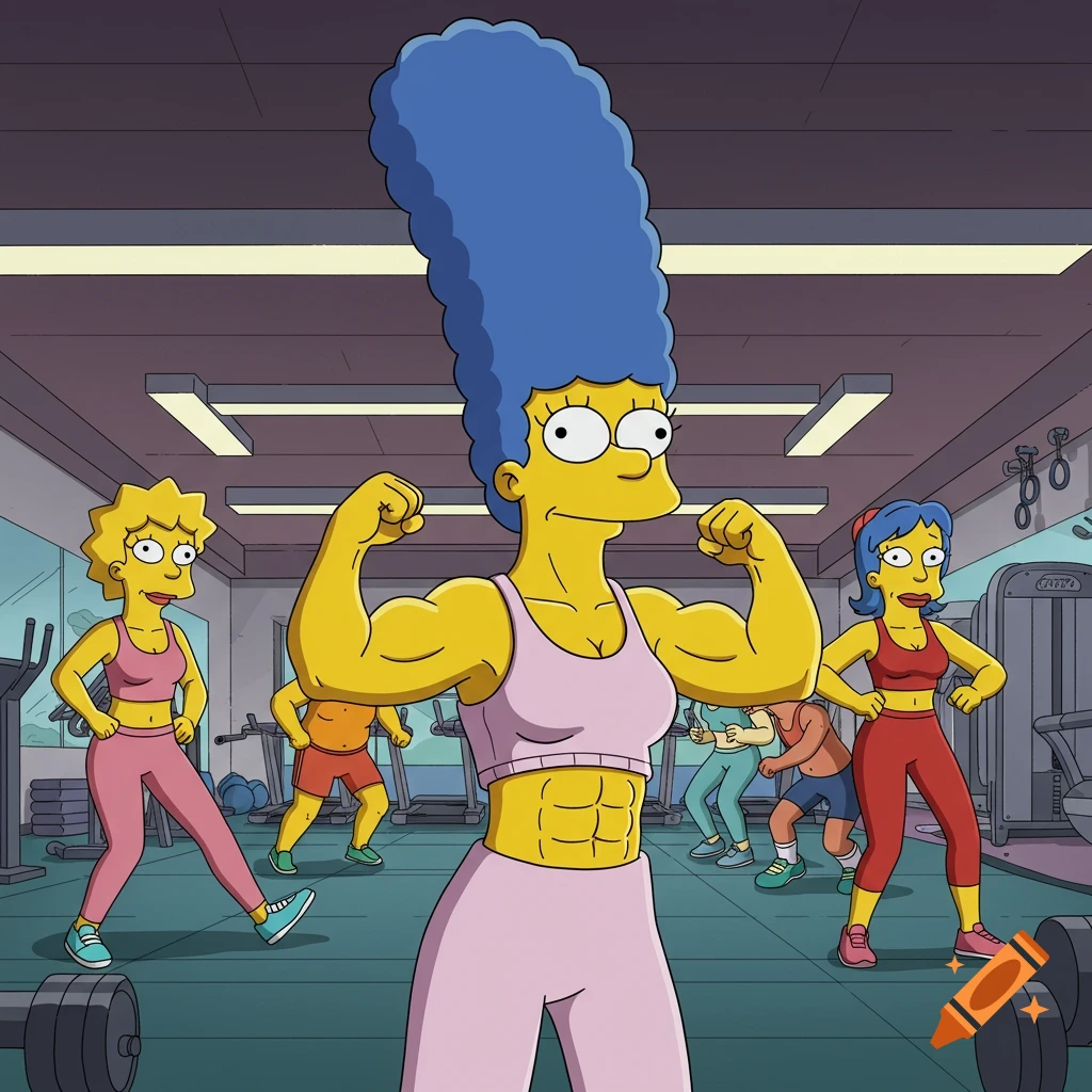 Marge Simpson, Lisa, and other characters work out in a gym, with Marge flexing her large muscles.