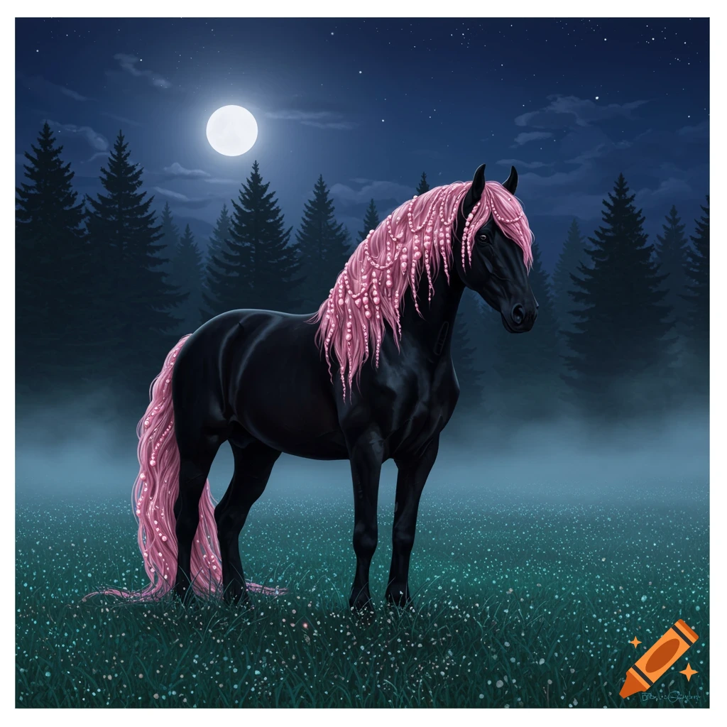 A black horse with a long pink pearl mane and tail stands in a misty, moonlit forest field at night.