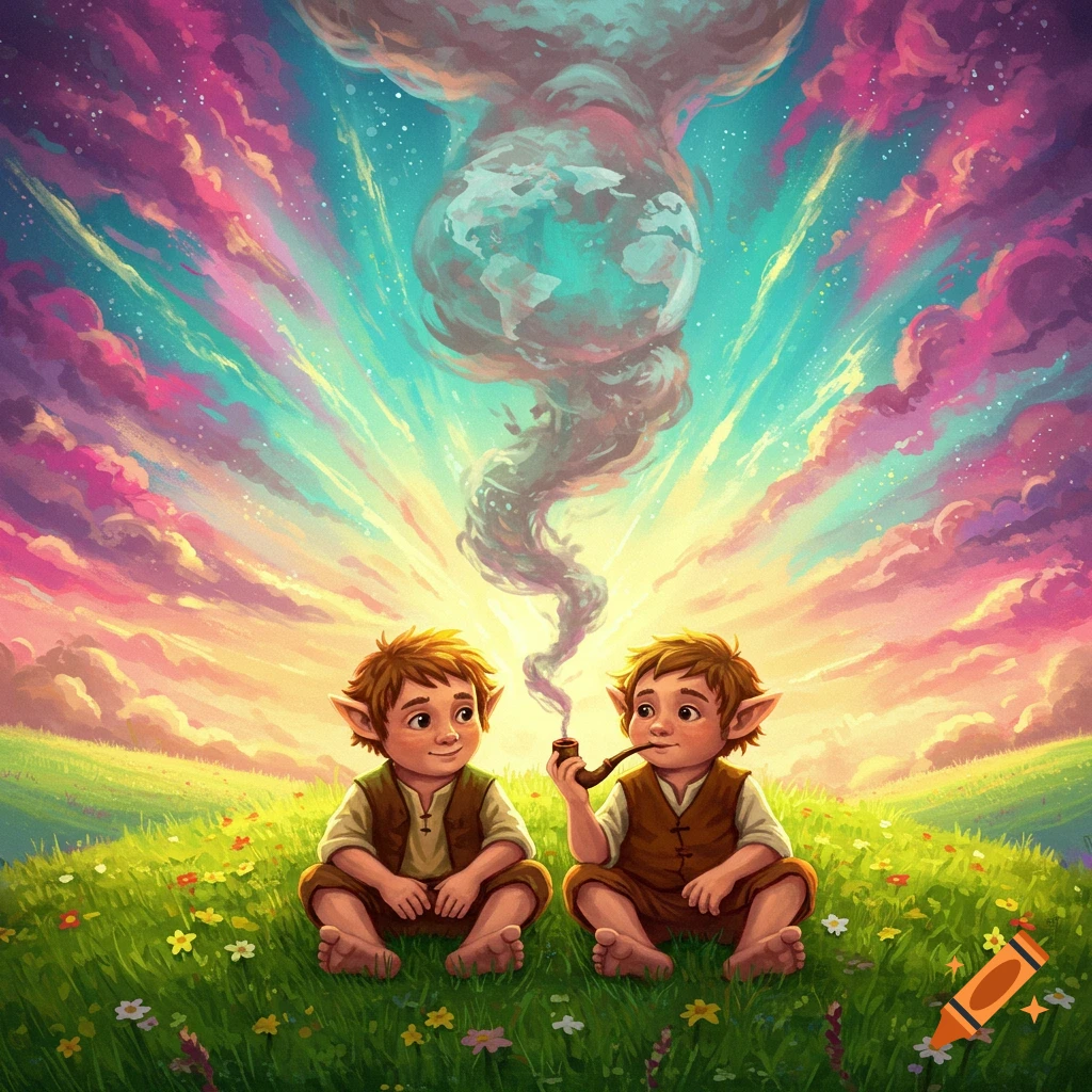 Two hobbit-like figures sit in a grassy field with colorful flowers under a vibrant, psychedelic sky. Smoke from one's pipe forms a cloudy globe.