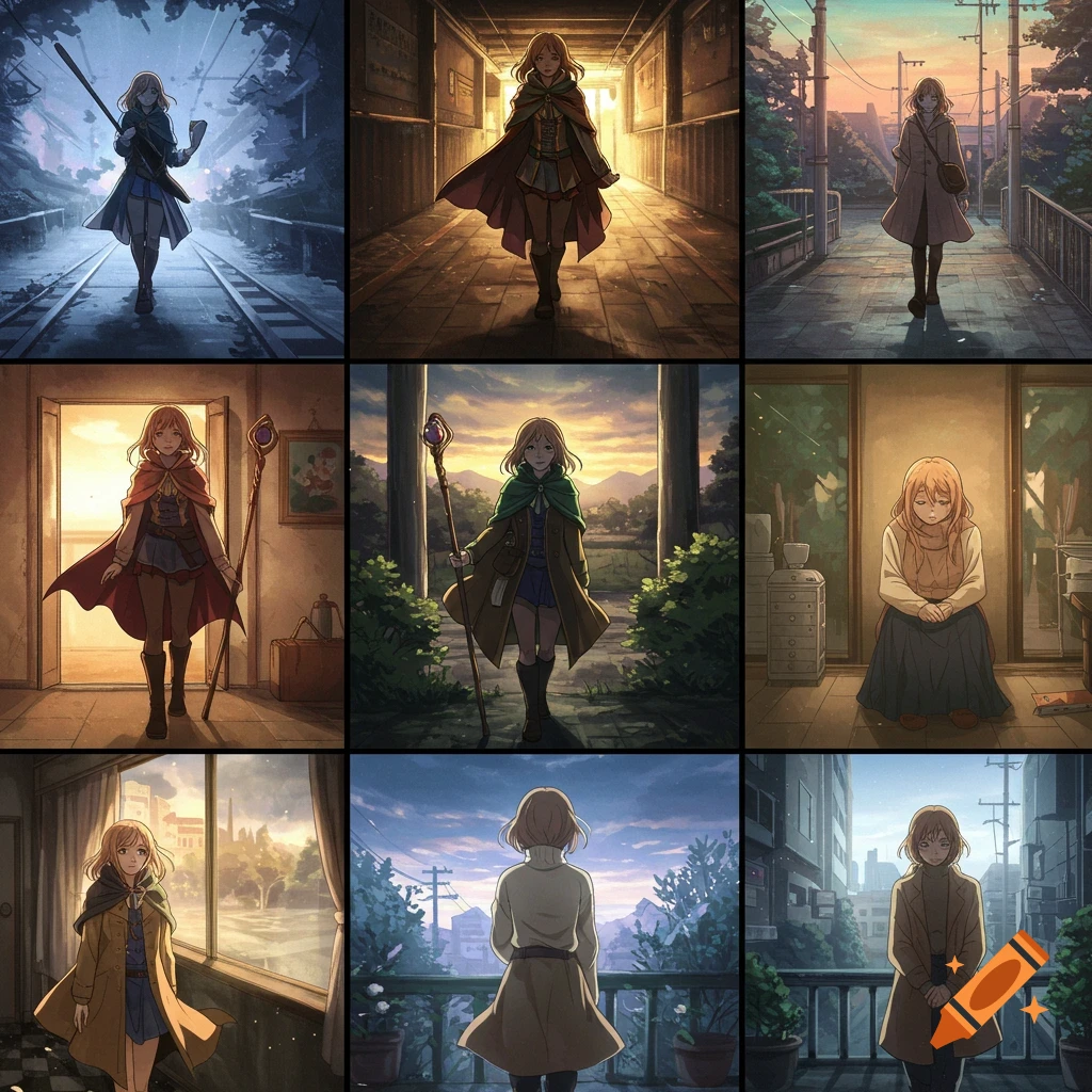 A 9-panel grid showcasing an anime character, Frieren, in various poses and outfits across different settings. Some panels depict her in a fantasy mage outfit with a staff, while others show her in retro 80s-90s Japanese fashion. Scenes include train tracks, hallways, bridges, and rooms, with varied lighting from dusk to warm interiors.