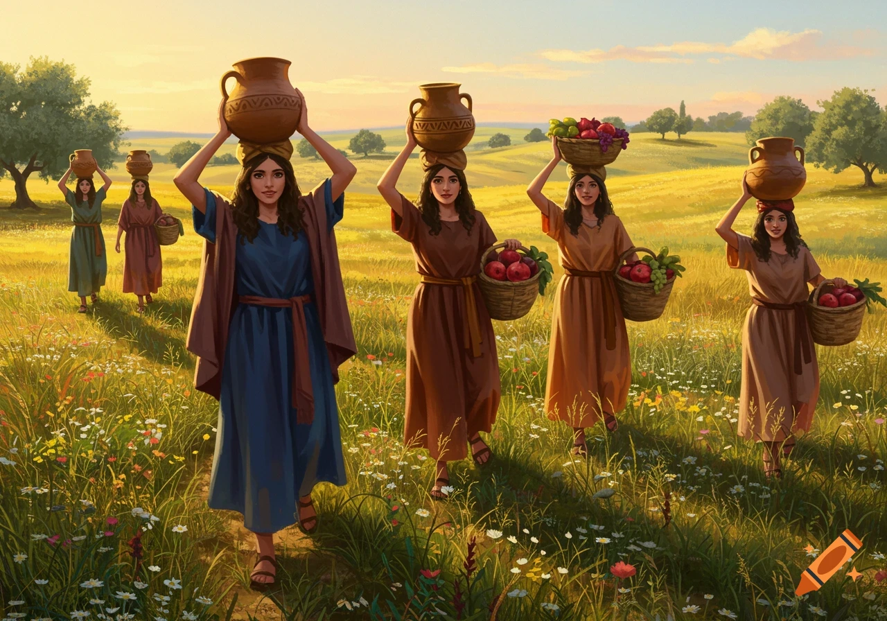 Several women in traditional attire walk through a sunlit field, carrying clay jugs and baskets of fruit on their heads and arms.